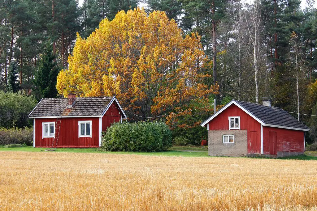 En bild på två små röda hus på landet